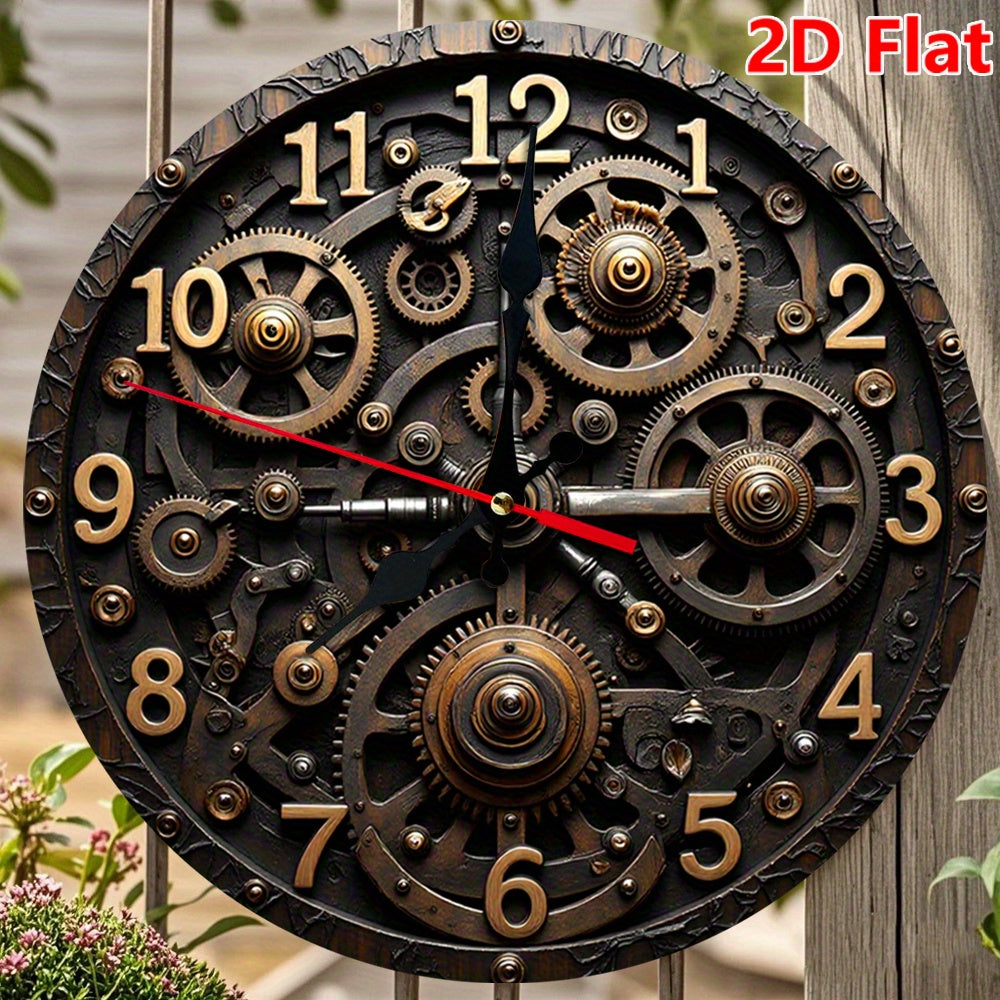 10 Inch Steampunk Wall Clock with Gears & Cogs - Silent Non-Ticking Movement, Large Black & Golden Roman Numerals, 2D Flat Round Battery Operated Clock for, Office, Kitchen, for Cave - Style Decorative Timepiece, 2D Flat