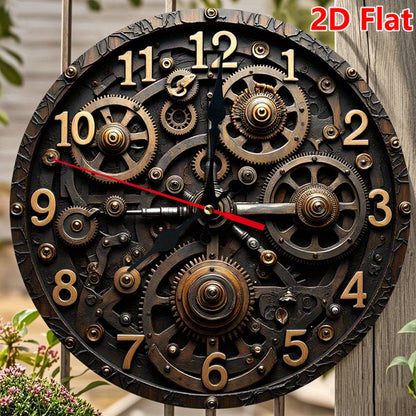 10 Inch Steampunk Wall Clock with Gears & Cogs - Silent Non-Ticking Movement, Large Black & Golden Roman Numerals, 2D Flat Round Battery Operated Clock for, Office, Kitchen, for Cave - Style Decorative Timepiece, 2D Flat