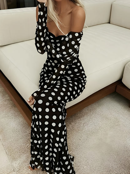 Long-Sleeved Off-Shoulder Polka Dot Printed Maxi Dress for Festivals, Music Events, Parties, Vacations, And Gatherings[Ll425]