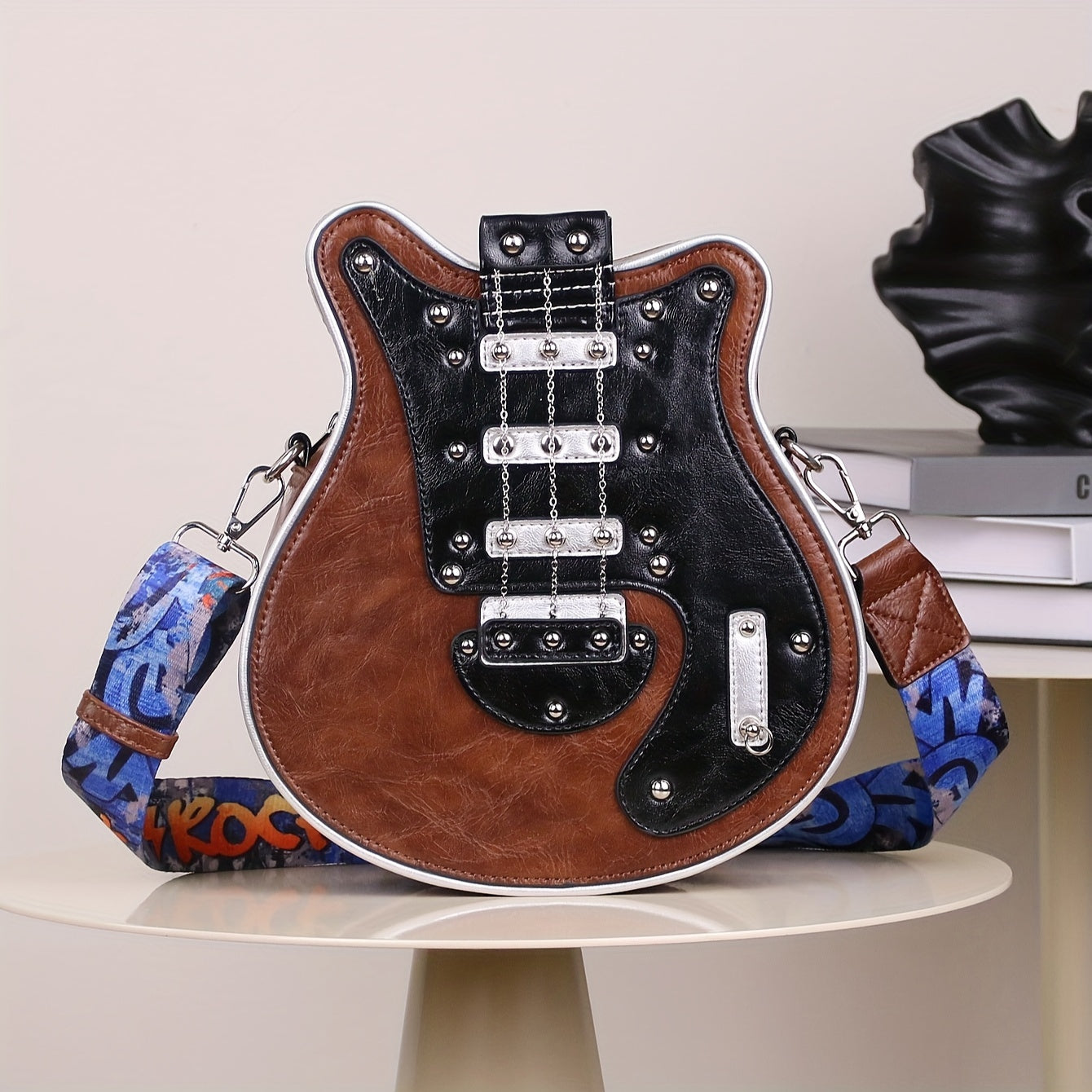 Women's & Unisex Y2K Retro Music-Themed Bass Guitar-Shaped Crossbody Bag with Detachable Strap, Golden-Tone Hardware & Zipper Closure - Band Style Handbag for Musicians & Music Lovers (Red/Black) - 2024 New Design with Chain