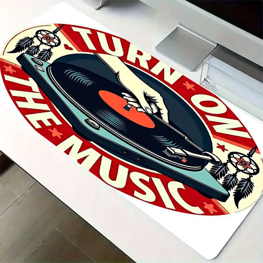1pc Music-Themed Gaming Mouse Pad & Desk - Vinyl Record & DJ Turntable Design with "Turn On The Music" Slogan, Non-Slip Rubber Base, Full Keyboard & Mouse Coverage for PC/Laptop, Durable Thick Surface for E-Sports, DJ Setup,