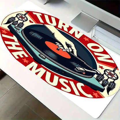 1pc Music-Themed Gaming Mouse Pad & Desk - Vinyl Record & DJ Turntable Design with "Turn On The Music" Slogan, Non-Slip Rubber Base, Full Keyboard & Mouse Coverage for PC/Laptop, Durable Thick Surface for E-Sports, DJ Setup,