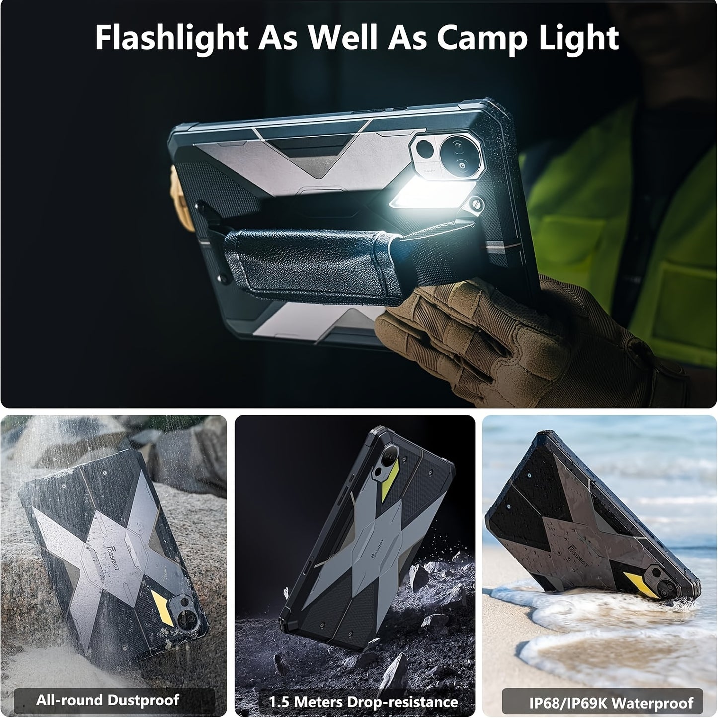 FOSSiBOT DT2 10.4-inch Android Tablet with 4G LTE/WiFi 6, 22000mAh, 2K Display, Quad-Speaker, Compatible for Face/Fingerprint Unlock, Camping Light, Rugged Tablet for Outdoor, Streaming, Gaming (ROM/RAM upgraded from initial)