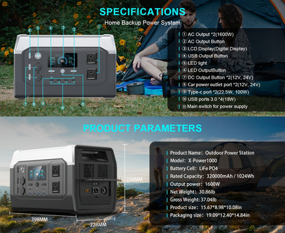 CTOLITY 1600W Portable Power Station, Equipped with a 200W Solar Panel, 1024Wh Lithium Iron Battery, 1-Hour Fast Charging, UPS Function, Suitable for Home Power Backup, Camping And Rvs, Portable Charger Power Bank Bank, Emerg
