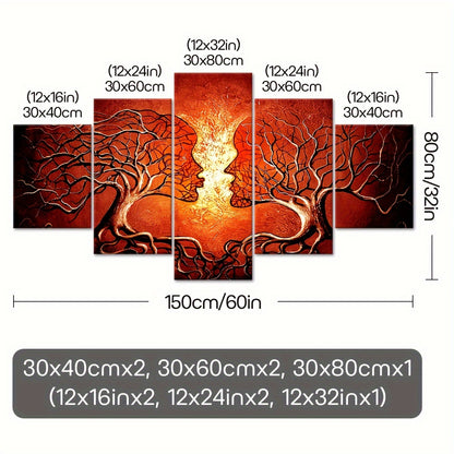 2D Flat, [2D FLAT] 5pcs Frame Artistic Tree Face Canvas Poster, Five Panel Scene Art, Modular Picture, Print Painting, Modern Art, Ideal Decor for Bedroom Living Room Kitchen Dorm, Wall Decoration, Gift for Family Friends, Mu