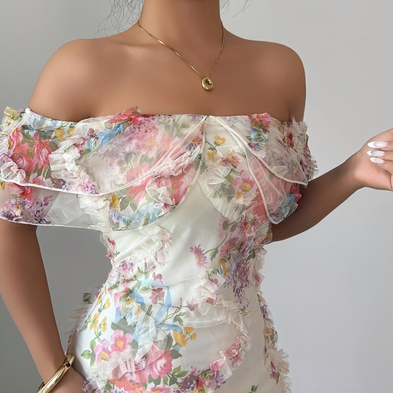 A Stylish And Romantic Off-Shoulder Bodycon Dress for Women, Featuring Ruffles And a Floral Sheer Design That Highlights The Waist