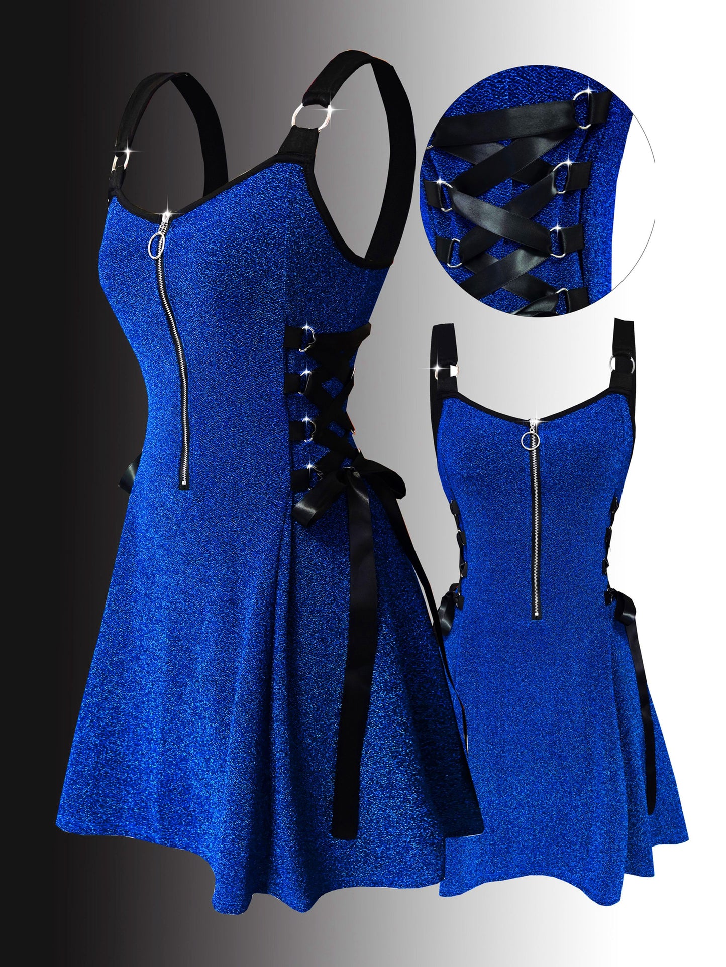 Y2K Metallic Fabric | Fashionable Women'S Peplum Dress with V-neck and Zipper Closure | Flared Hem, Waist-Cinching Details | All-Season Wear