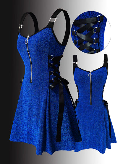 Y2K Metallic Fabric | Fashionable Women'S Peplum Dress with V-neck and Zipper Closure | Flared Hem, Waist-Cinching Details | All-Season Wear