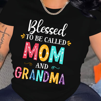 Mom Grandma Print Crew Neck T-shirt, Casual Short Sleeve Top For Spring & Summer, Women's Clothing