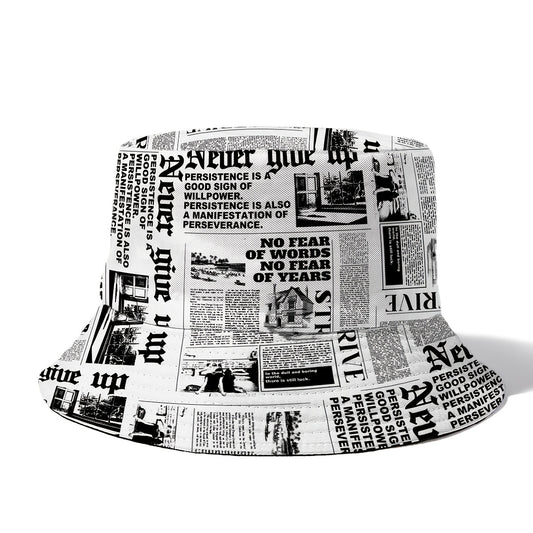 Reversible Newspaper Print Bucket Hat - Funky Polyester Sun Protection Cap for Men and Women, Unique Couples' Design with Vintage Typography, Sun Hat