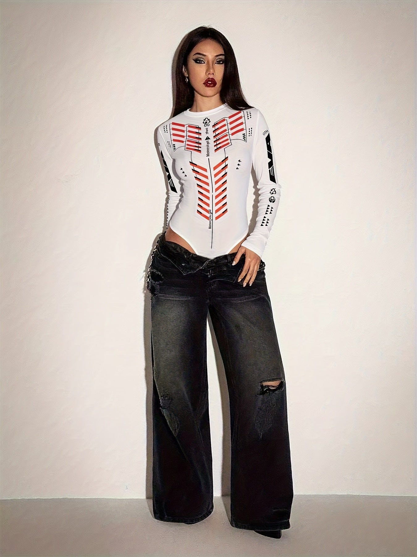 Spicy style, windbreaker-style printed long-sleeved half-high-neck one-piece top for women - a stylish and summer top that will definitely become a hit on the streets!