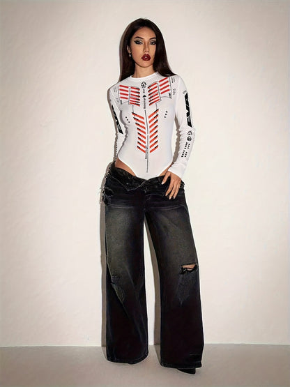 Spicy style, windbreaker-style printed long-sleeved half-high-neck one-piece top for women - a stylish and summer top that will definitely become a hit on the streets!