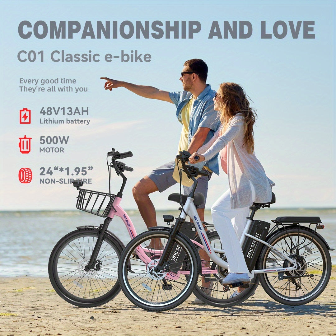 24-inch Wheels, 20-26MPH Commuter, LCD Display, 7 Speed Shift Adult Electric Bicycle, 350-500w Powerful Motor, 36V 10.4A Lithium Battery, Aluminum Alloy Body, Front Fork Shock Absorber, Headlights, Night Driving Protection, B