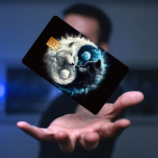 4 Unique Black & White Yin Yang Wolf Design PVC Privacy Stickers - Durable Matte Credit Card Decals with Concealed Pinholes, One-Time Use for Debit Cards, Keycards, Party & Everyday Protection - Ideal Gift for Card Security &