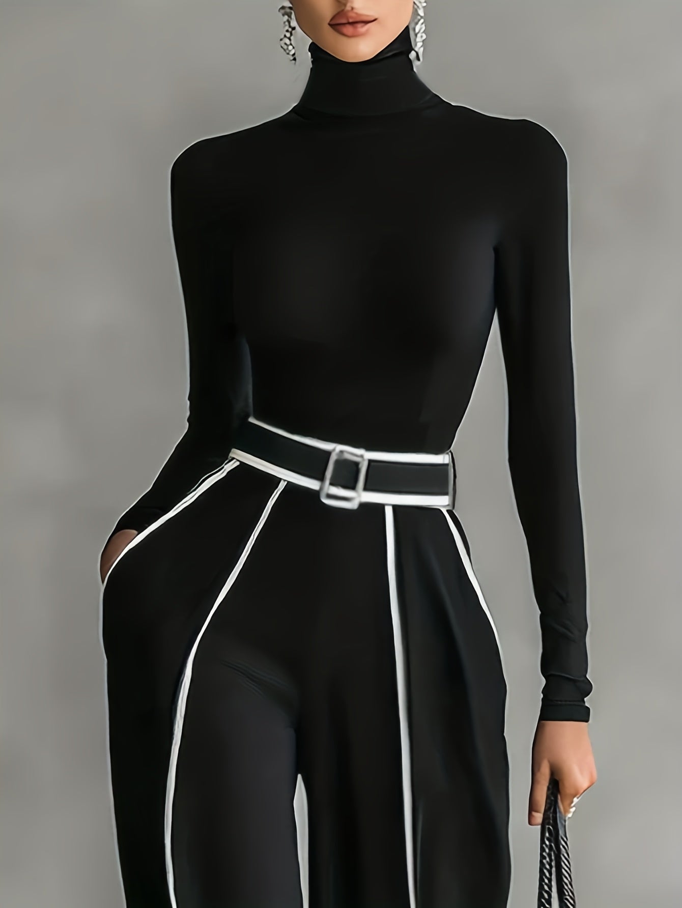 Women's Two-Piece Set: High-Neck Long-Sleeve Top with Contrast Straight-Leg Pants Featuring Pockets and Belt, Elegant and Versatile Design for Autumn/Winter Commuting