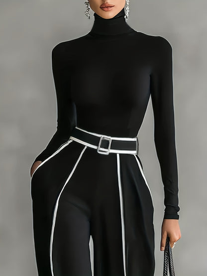 Women's Two-Piece Set: High-Neck Long-Sleeve Top with Contrast Straight-Leg Pants Featuring Pockets and Belt, Elegant and Versatile Design for Autumn/Winter Commuting