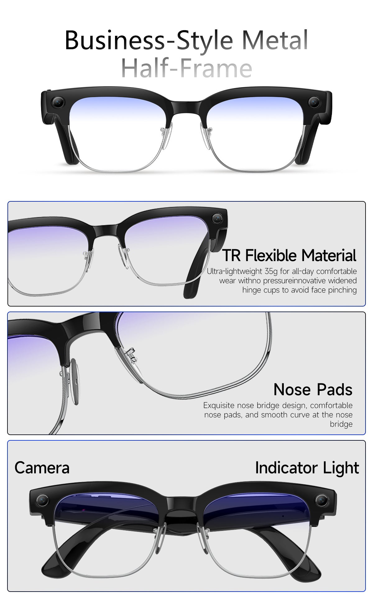 Smart Glasses for Taking Photos, 8MP Digital Video Camera, Sports Goggles, Half-Frame, Lightweight, Suitable for Travel, Camping And Outdoor Activities, Adventure Gear, Modern Design, Versatile, Compact And Portable, High-Qua