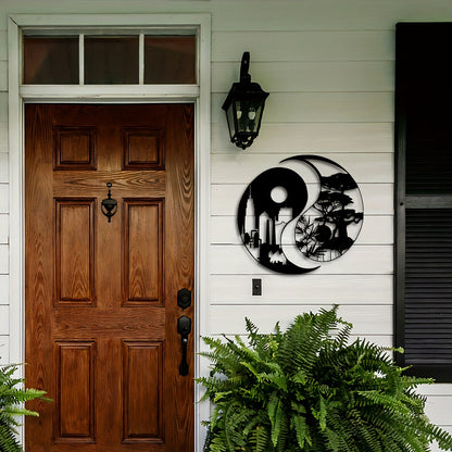 Elegant Yin Yang Metal Wall Art Set of 2 - 15.7" Urban & Landscape Sculptures, Indoor/Outdoor Iron Decor for Home, Patio, Balcony - Perfect Housewarming Gift