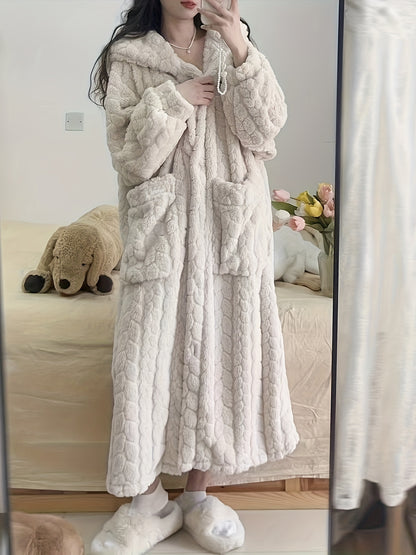 Women's Thickened Winter Pajamas & Sleep Dress - Hooded Button-Front Nightgown with Pockets, Solid Color Jacquard Long Sleeve Nightwear Suitable for Autumn, Winter & Year-Round Use