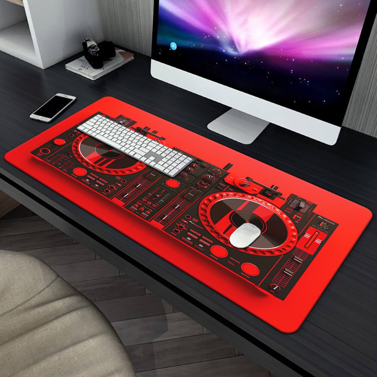 1pc XXL Red DJ Equipment Design Gaming & Office Mouse Pad - Non-Slip Rubber Base, Multi-Functional Large Desk Mat for Computer, Music Production, DJ Setup, Home & Studio Decor, Dj Gifts, Computer Workspace, Modern Workspace,