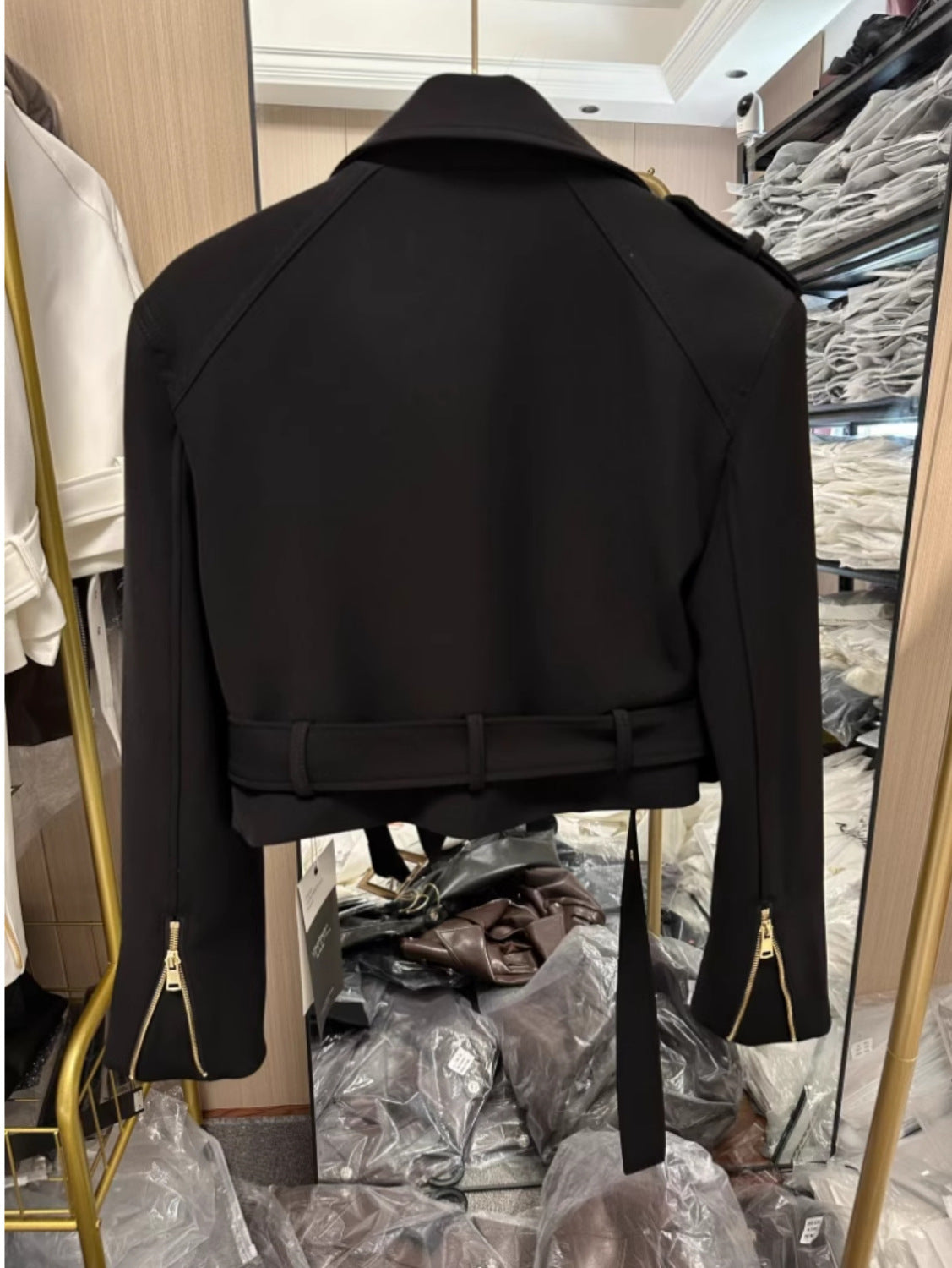 Women'S Retro Motorcycle Jacket - Slim-Fit Short Coat with Stand Collar & Belt, Full-Zip Front Closure, Structured Biker Outerwear for Fall Commuting, Casual to Semi-Formal Outfits (Black/White) - Versatile Layering Piece, Mo