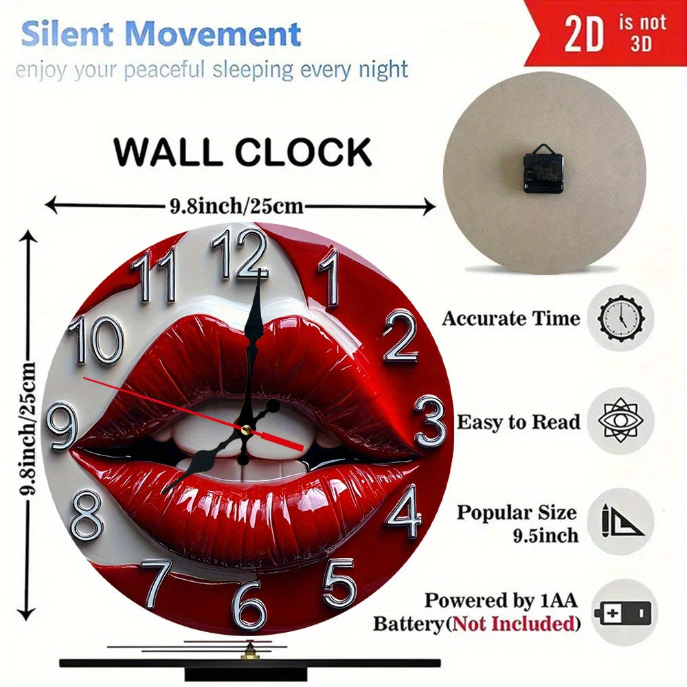 10 Inch Glossy Red Lips Wall Clock - Modern Minimalist Glossy Red Lipstick Number Face, Large Black Hands & White Face, Battery Operated Silent Non-Ticking Round Clock for, Office, Bedroom, Kitchen - Lip-Shaped Frame Decorati