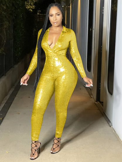 European And American Women'S Metallic Texture Light Mature Deep V-neck Long Sleeved Tight Jumpsuit