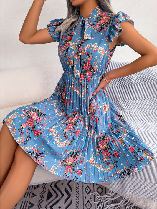 Women'S 2026 Spring Summer Elegant Floral Tie Waist Maxi Flare Pleated Dress | Lightweight, Breathable, Soft, Comfortable, Versatile, Casual Party Dating Daily Going Out Dress, Sleeveless, Crew Neck, Regular Fit