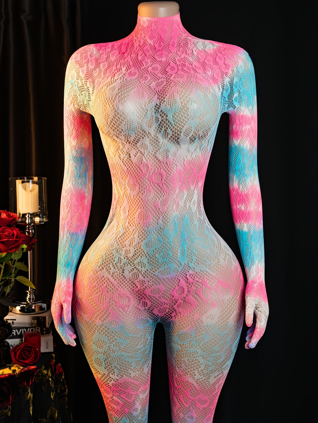 [Vibrant Jumpsuit] Vibrant Ombre Gradient Bodysuit Jumpsuit - Long Sleeve, Sheer Jacquard Design | Sexy, Adult Wear, Adult Clothing, Vibrant Pink, Blue, and Purple Hues