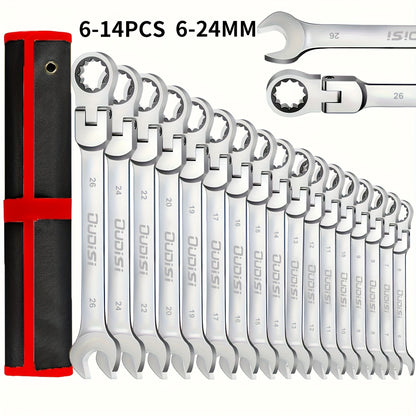 6-14pcs Professional Adjustable Ratchet Wrench Set With Storage Bag -6-24mm Durable CR-V Telescopic Head Socket Wrench Set, Suitable For Automobile, Home And Bicycle Maintenance-compact Heavy Machinery Tools.