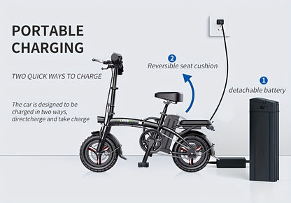 740W Electric Bike, 45 Miles Of Range, 14-inch Folding Electric Bike, Suitable for Teenagers And Adults, 20 Miles Of Speed, Removable Battery, Double Disc Brakes, Front And Rear Suspension, Suitable for Urban Travel, Shopping
