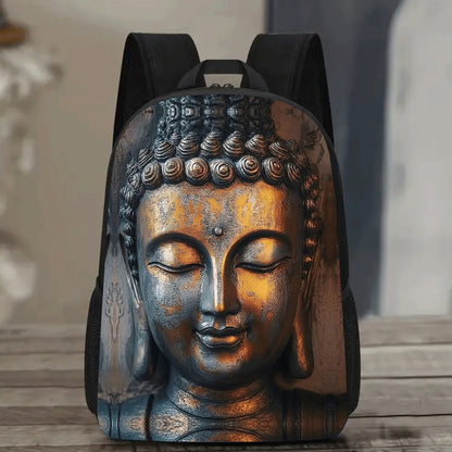1pc Buddha Print 17 Inch Casual Backpack - Lightweight Durable Laptop Bag with Water Bottle Holder, Adjustable Straps & Vibrant Cartoon Design for School, Work, Travel - Unisex Gift for Christmas, Father’s Day, Thanksgiving