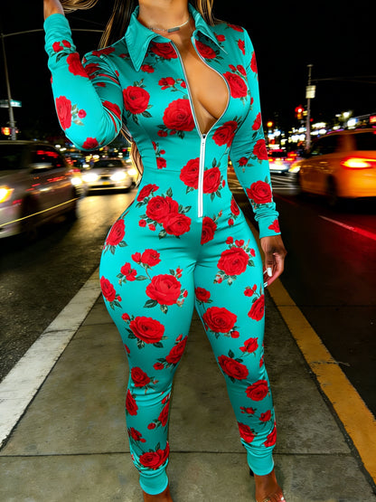 Red Rose Print Casual Women's Half Zipper Jumpsuit, Floral Pattern Casual Wear, Outdoor S Women's Long Sleeved Lapel Sweatshirt Jumpsuit, Fashionable Spring Half Zipper Slim Fit Jumpsuit, Women's Gift, Soft Fabric, Machine Wa