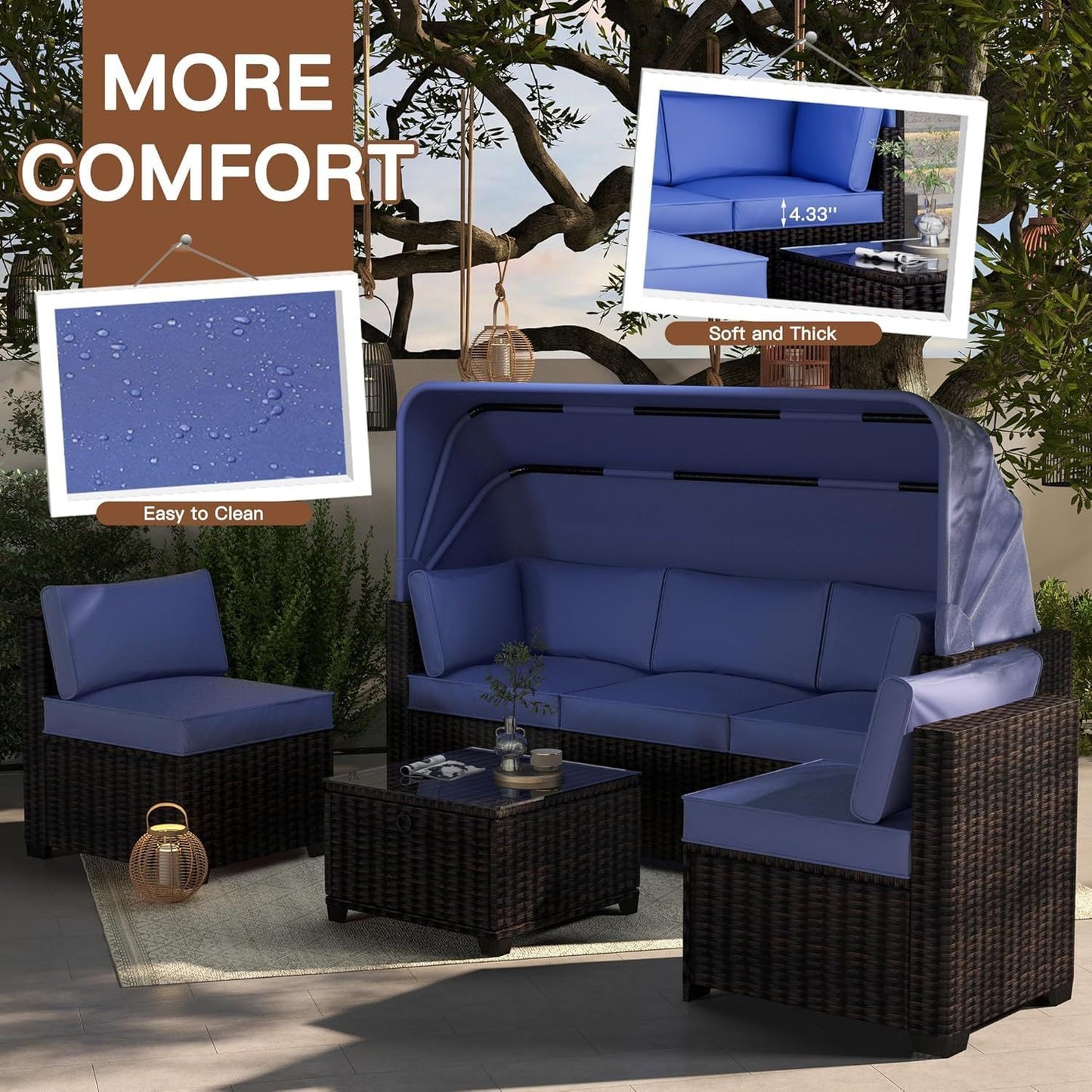 6pcs Outdoor Daybed Set with Retractable Canopy & Adjustable Backrests - All-Weather PE Wicker Patio Lounge Set, Brown & Blue Cushions, Chaise Lounges for Poolside, Backyard, Garden - Durable Wicker Furniture with Cushioned S