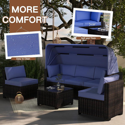 6pcs Outdoor Daybed Set with Retractable Canopy & Adjustable Backrests - All-Weather PE Wicker Patio Lounge Set, Brown & Blue Cushions, Chaise Lounges for Poolside, Backyard, Garden - Durable Wicker Furniture with Cushioned S