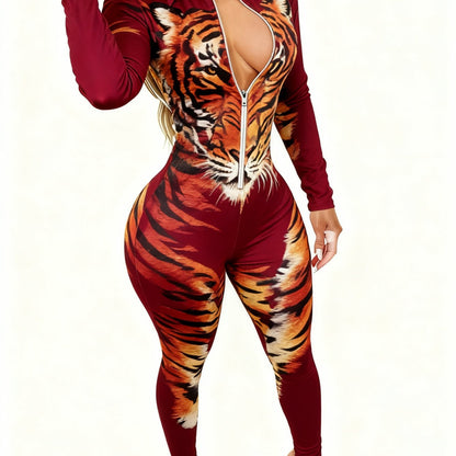 Women'S 4-Season Long Sleeve Jumpsuit | Zipper Design, Lightweight Style with Cute Animal Print, Perfect for Daily Outings & Casual Wear