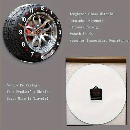 12 Inch Large Modern Car Tire Wall Clock - Heated Glass Silent Quartz Movement with Mechanism, Red & Black Rims & White Face - Battery- (AA Not Included) - Auto-Themed Home Decor for Living Room, Bedroom, - Novel, 2D Flat