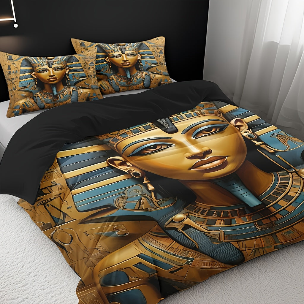 Pharaoh Theme Duvet Cover Set - Soft High-Definition Digital Print, Egyptian Style Golden And Blue, All-Season, Soft Breathable 100% Polyester, Perfect Gift For Family And Friends, Machine Washable, Includes 1 Duvet Cover + 2