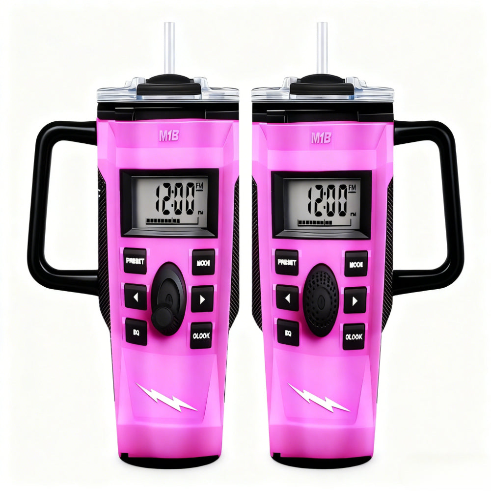 40Oz Pink Style Radio Car Mug - Distinctive Drinkware! It Includes a Radio/Clock Display, a Robust Handle, And a Sipping Lid. Perfect for Radio Fans And Collectors. Designed with Double-Layer Insulation to Keep Drinks Hot Or