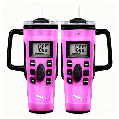 40Oz Pink Style Radio Car Mug - Distinctive Drinkware! It Includes a Radio/Clock Display, a Robust Handle, And a Sipping Lid. Perfect for Radio Fans And Collectors. Designed with Double-Layer Insulation to Keep Drinks Hot Or