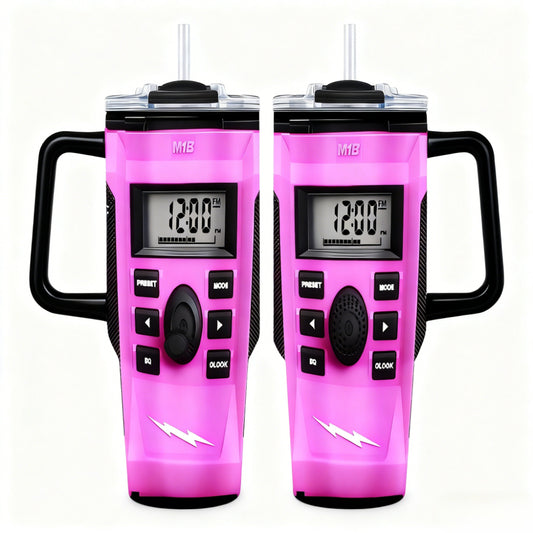 40Oz Pink Style Radio Car Mug - Distinctive Drinkware! It Includes a Radio/Clock Display, a Robust Handle, And a Sipping Lid. Perfect for Radio Fans And Collectors. Designed with Double-Layer Insulation to Keep Drinks Hot Or