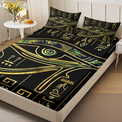 3pcs Comfortable Egyptian Hieroglyphics Theme Bed Fitted Sheet Set - Soft High-Definition Digital Print, Soft, Breathable 100% Polyester, Perfect Gift, All-Season Family And Friends Gift