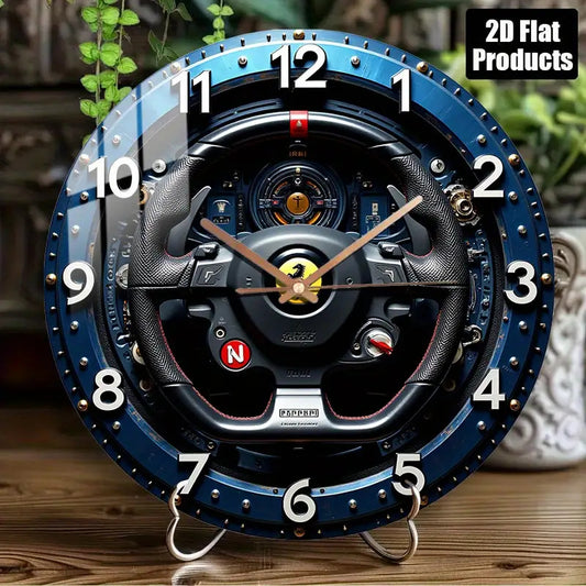 12-Inch Racing Car Steering Wheel Wall Clock - Silent Quartz Movement, Black & Yellow with Red N Emblem & Metallic Accent - Glass Round Clock for Home, Garage, Office, for Man Cave Decor - Ideal Gift for Motorsport Fans (AA B