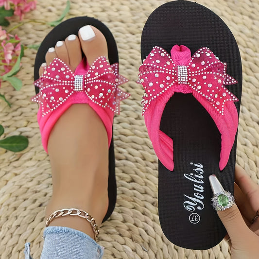 Women's Slip-On Rhinestone Sandals - Sparkling Toe Strap, Slip-Resistant EVA Sole - Pink Formal & casual Shoes for Parties, Beach, Casual Attire - Easy-Clean Women's Footwear, B Bow Detail, Fashionable Design