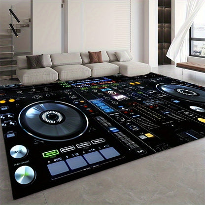 Large Non-Slip Floor Mat Mat - DJ Turntable Design -Slip Living Room Bedroom Bathroom Mat, Machine Washable Indoor/Outdoor Mat for Home Studio, Parties, Gym - Black Background with DJ Controls Graphic