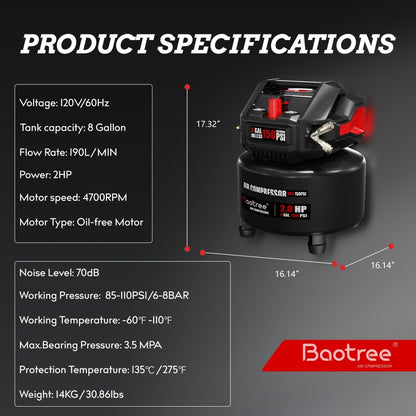 8 Gallon Portable Ultra Quiet Air Compressor, Max 150PSI Oil Free Air Compressor Tank, 2HP Motor 2, 8SCFM@90 PSI, 3, 8SCFM@40PSl Garage Air Compressors for Car Repair, Spray Painting, Woodwork Nailing