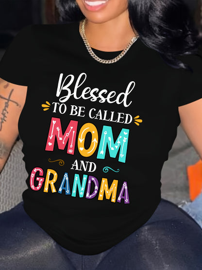 Mom Grandma Print Crew Neck T-shirt, Casual Short Sleeve Top For Spring & Summer, Women's Clothing