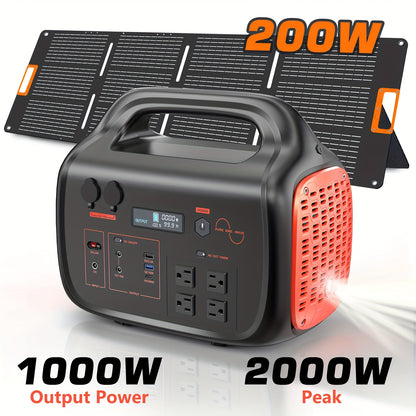 300W/600W/1000W+200W Solar Panel Portable Power Station, 1075Wh Backup Lithium Battery, 120V/1000W AC Outlet, Solar Generator For Home, RV, Outdoor, Camping And Emergencies Use