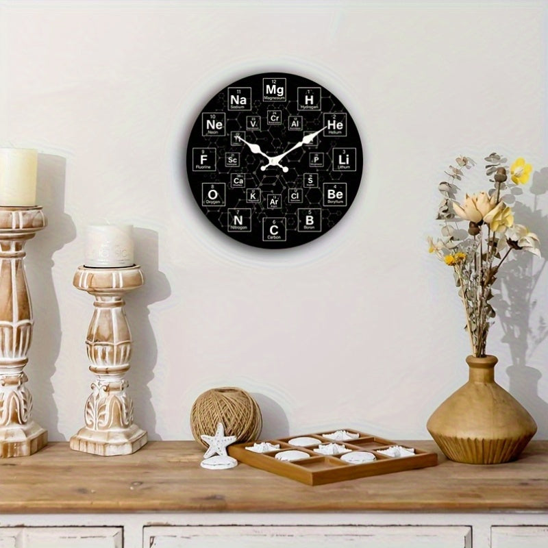 1pc Round Clock, Periodic Table Chemical Symbol Wall Clock, Silent Quartz Round Wooden Clock, Suitable for Bedroom Living Room Office Kitchen Bathroom, Battery Powered (Battery Not Included)
