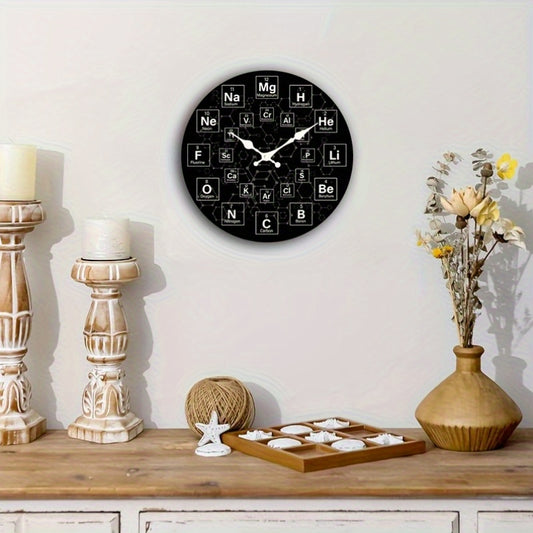 1pc Round Clock, Periodic Table Chemical Symbol Wall Clock, Silent Quartz Round Wooden Clock, Suitable for Bedroom Living Room Office Kitchen Bathroom, Battery Powered (Battery Not Included)